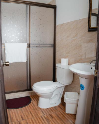 a bathroom with a toilet and a shower and a sink at Cabañas La Hacienda in San Pablo