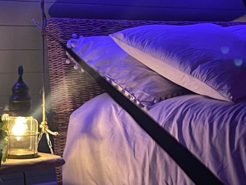 a bed with purple pillows and a night stand with a lamp at La Clé des Champs - Studio PiscineSPA-Sauna au jardin tropical idyllique et bucolique in Jouarre