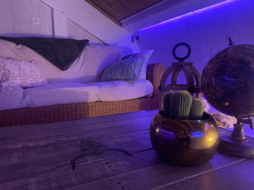 a room with a couch and a globe on a table at La Clé des Champs - Studio PiscineSPA-Sauna au jardin tropical idyllique et bucolique in Jouarre