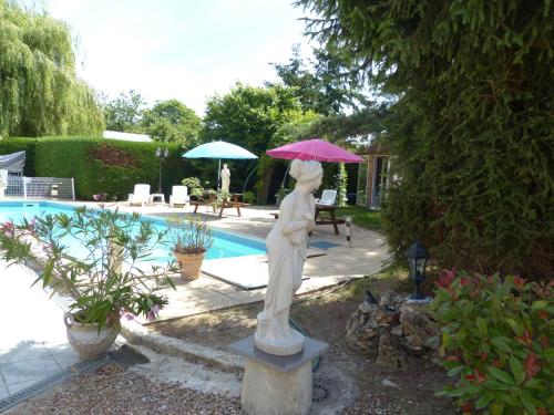 une statue d'une femme portant un parapluie rose dans l'établissement Le petit gîte de Beauval, à Mareuil-sur-Cher