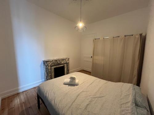 une chambre avec un lit et une cheminée dans l'établissement T2 Confort et moderne au Cœur de la Ville, à Saint-Étienne