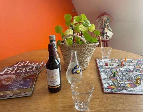 a table with a bottle of wine and a book and a plant at Ollediek in Houwerzijl