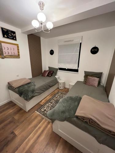 a bedroom with two beds and a chandelier at Grand 3 pièces à 10 min de Strasbourg in Achenheim