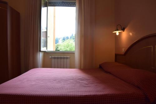 a bedroom with a bed with a large window at Hotel Ristorante Benigni in Campagnano di Roma