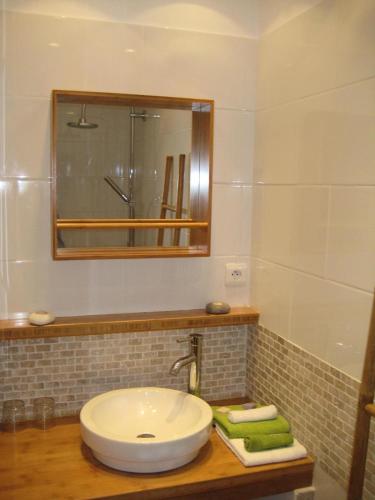 une salle de bain avec un lavabo et un miroir dans l'établissement Location de charme Var, à Les Mayons