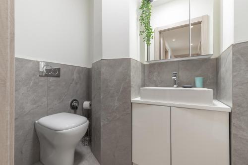 a bathroom with a toilet and a sink and a mirror at Santa Maria Gualtieri in Pavia