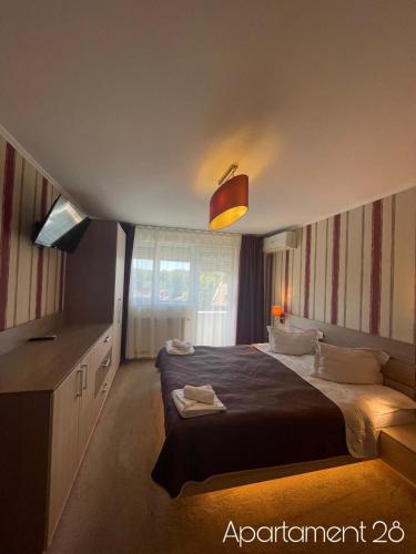 a bedroom with a large bed and a window at Apartamente Felix in Baile Felix