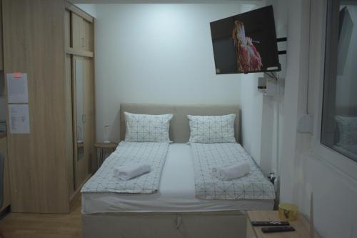 a bedroom with a bed with two pillows and a tv at Studio apartman Delight Vrnjačka banja in Vrnjci