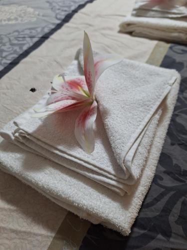 a flower sitting on top of towels on a bed at Apart 8 in Sandanski