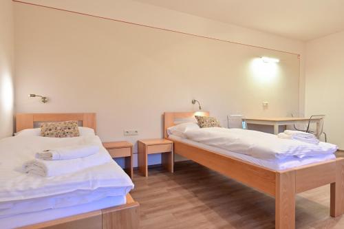 a hospital room with two beds and a mirror at Apartmány Christian in Karlovy Vary