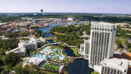 an aerial view of a large building and a river at Hilton Orlando Buena Vista Palace - Disney Springs Area in Orlando