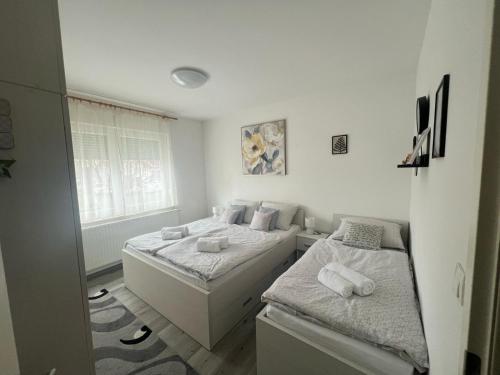 a bedroom with two beds and a window at CENTRUM with private parking in Virovitica