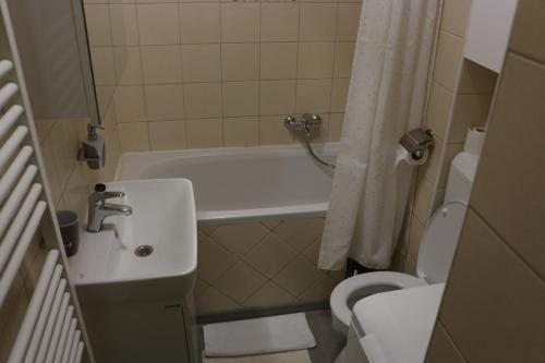 a bathroom with a tub and a sink and a toilet at CENTRUM with private parking in Virovitica