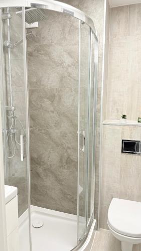 a shower with a glass door in a bathroom at Apartament KOREK in Stronie Śląskie