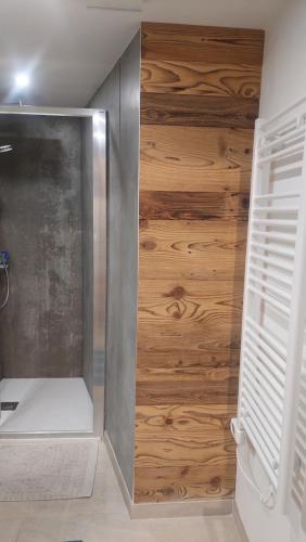 La salle de bains est pourvue d'une douche et d'un mur en bois. dans l'établissement studio des dents de lanfon, à Écharvine
