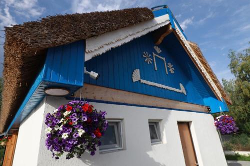 a blue and white house with flowers on the side at Casa Tasha in Dunavăţu de Jos