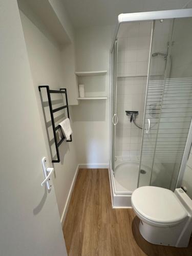 une salle de bain avec une douche en verre et des toilettes dans l'établissement Les Lilas Gare Centre 2 Pers, au Mans