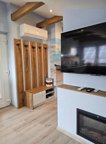 a room with a tv and some wooden cupboards at Mi Casa Mar in Mosonmagyaróvár