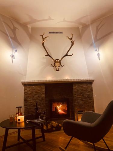a living room with a fireplace with antlers on the wall at Leśniczówka Szeroki Bór in Szeroki Bór