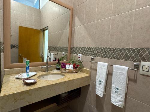 a bathroom with a sink and a mirror and towels at Casa Mismaloya Selva in Cedro