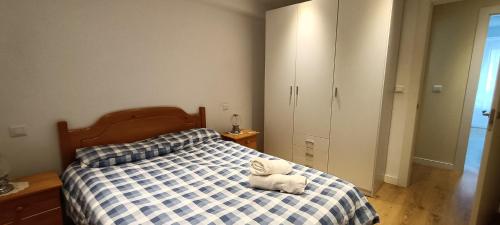 桑坦德Casa Laura的卧室里有一张床，床上放着两条毛巾。