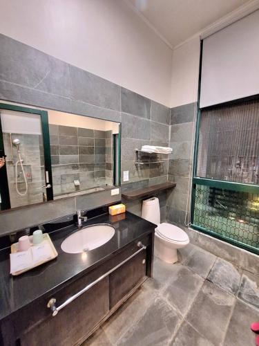 a bathroom with a sink and a toilet at Valentine湯屋 in Jiaoxi