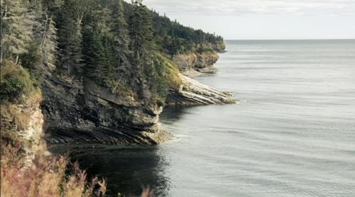 a large body of water next to a mountain with trees at Chalets Nautika in Gaspé