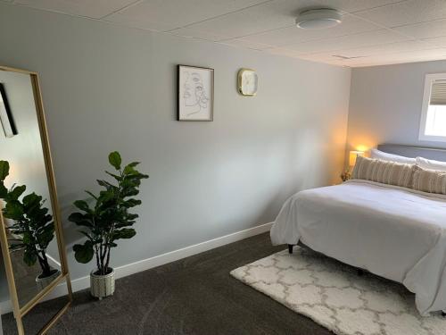 a bedroom with a bed and a mirror and a plant at Spacious Drumheller-RetreatMuseum & Golf in Drumheller