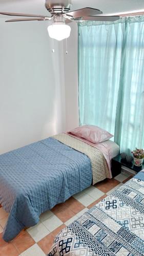 a bedroom with a bed with blue curtains and two rugs at Gardenia Roof Hostel in Aguascalientes