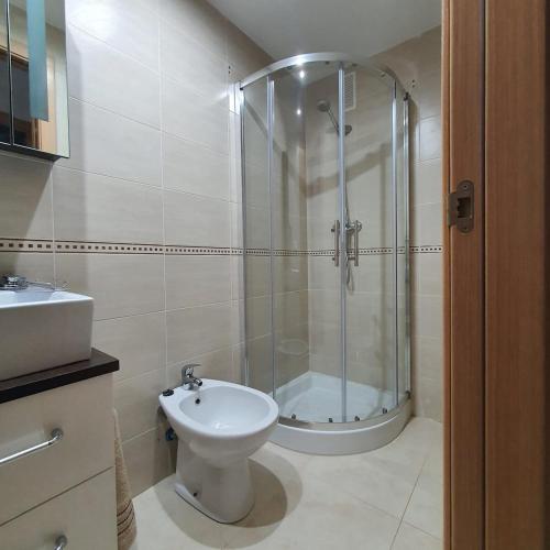 a bathroom with a shower and a toilet and a sink at Casa Dorada Primera Línea Oropesa in El Borseral