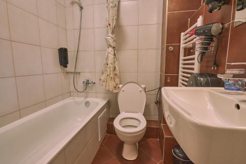 a bathroom with a toilet and a tub and a sink at Penzión MALINO in Ružomberok