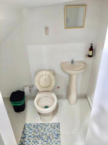 a white bathroom with a toilet and a sink at Perla del río habitaciones in Barranquilla