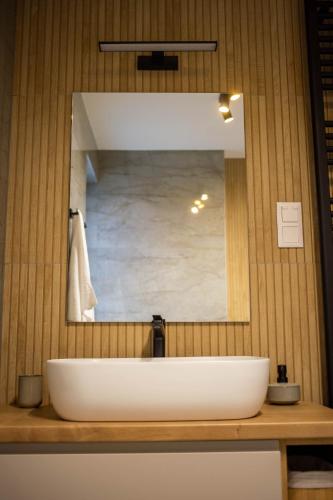 a bathroom with a white sink and a mirror at Mint Vibe Apartment in Odorheiu Secuiesc