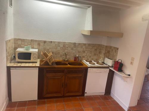 une cuisine avec un évier et un micro-ondes dans l'établissement maison bleue, à Beaumont-en-Auge