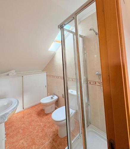 a bathroom with a toilet and a sink and a shower at Apartamentos Luarca in Luarca