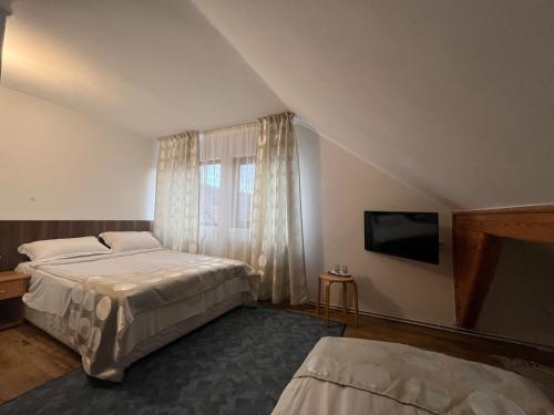 a bedroom with a bed and a tv and a window at Vila Valentina in Buşteni