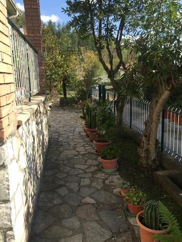 a stone walkway with potted plants next to a fence at A casa di mamma in Rieti
