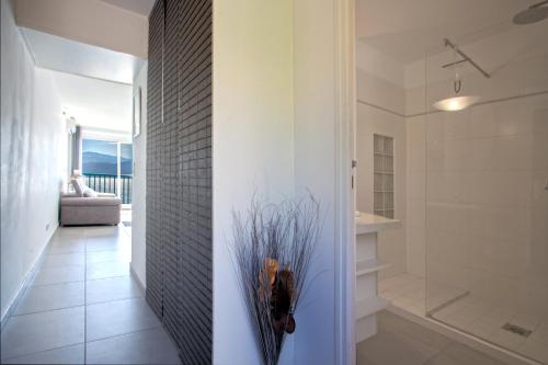 ein Badezimmer mit Dusche und einer Vase an der Wand in der Unterkunft Studio Marine du Soleil in Patrimonio