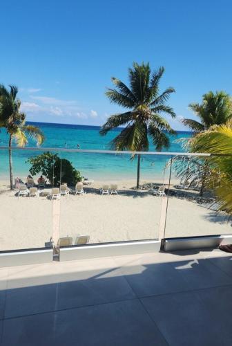 a view of a beach with palm trees and the ocean at Tranquility Villa in Priory