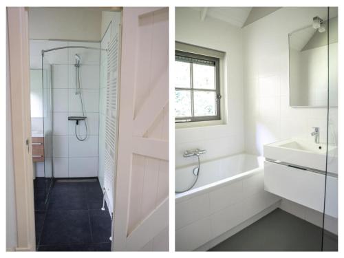 two pictures of a bathroom with a shower and a sink at Farmhouse in Veluwe with Sauna and Nature Views in Ermelo