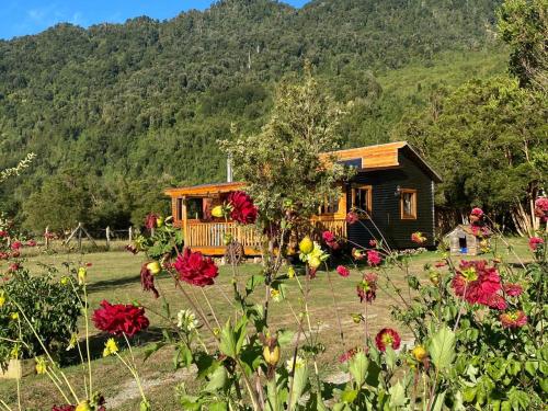 a small cabin in a field with flowers at La Rústica Rústica Ralún, nature and life in Ralún