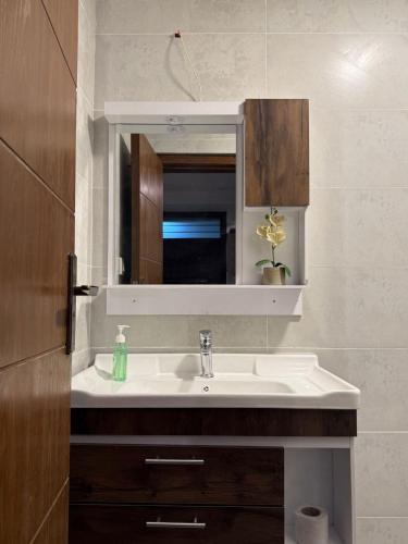 a bathroom with a sink and a mirror at Casa Bianca- Flat in Islamabad in Islamabad