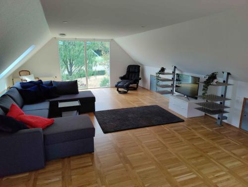 a living room with a couch and a tv at Renovated House With View And Large Terrace in Galten