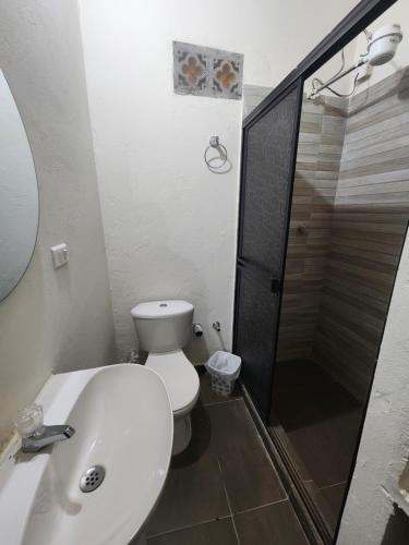 a bathroom with a toilet and a sink and a shower at Finca la India Cerro Tusa in Tarso