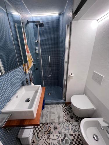 a bathroom with a sink and a toilet and a shower at Butterfly's House in Montecrestese