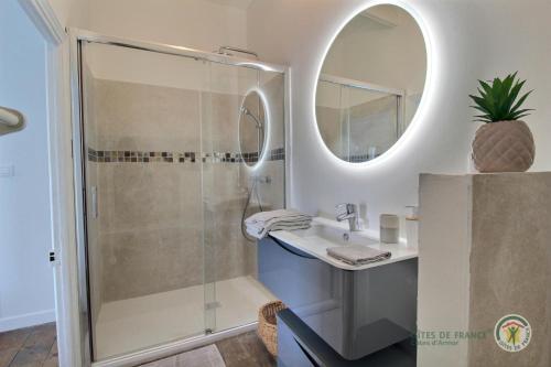 une salle de bain avec une douche, un lavabo et un miroir dans l'établissement La maison du pont, à Trédarzec