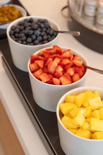 a tray with four bowls of fruit on a counter at Hotel Royal Falcone in Monza