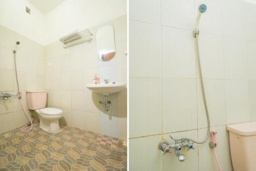 two pictures of a bathroom with a toilet and a sink at Hotel O Central Batu Near Jatim Park 3 Formerly Bunga Matahari Hotel in Batu