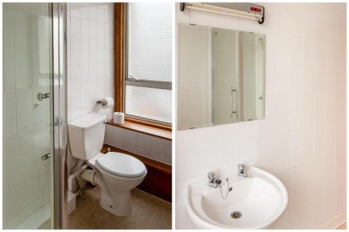 two pictures of a bathroom with a toilet and a sink at Cardiff Riverside Hotel by Belvilla in Cardiff