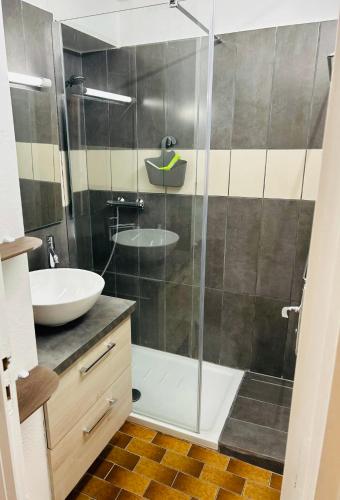 une salle de bain avec douche et lavabo dans l'établissement Studio Hameau au soleil, à Plage dʼArgelès